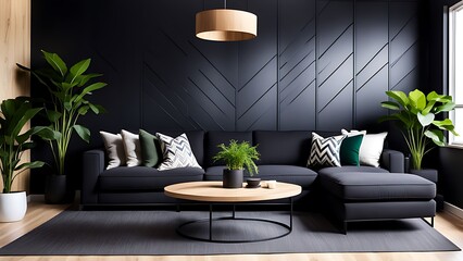 Living room in gray and black, Minimalist design with blank empty dark interior, graphite modern sofa, herringbone beige accent, 3D render