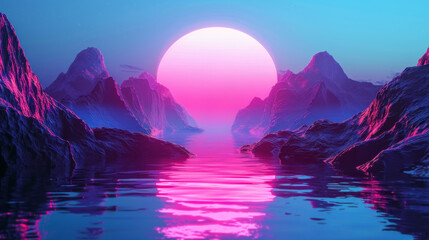  Celestial Dawn. Neon Glow over Mystic Mountain Lake. Abstract colorful neon background.