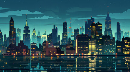  Urban Glow Cityscape. Neon Nightscape of a Stylized City Skyline. Comic style illustration.