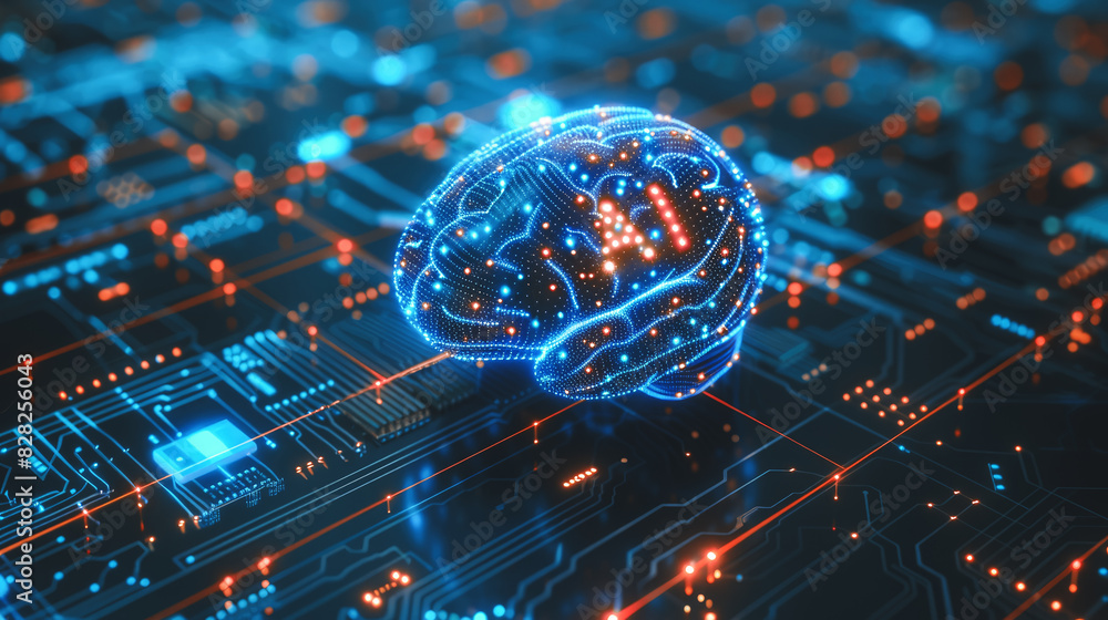 Poster artificial intelligence and ai technology concept processor chip or mother board background llms