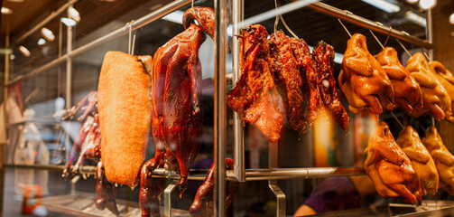 Street food in Hong kong : flavors of Hong Kong at restaurant signature dishes of crispy roasted...