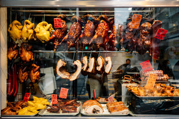 Street food in Hong kong : flavors of Hong Kong at restaurant signature dishes of crispy roasted...