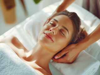 Woman receiving a relaxing massage at a spa, natural light, soft focus, on a blurred background, concept of wellness. Generative AI