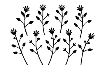 Set of hand drawn branches and flowers black vector on white background