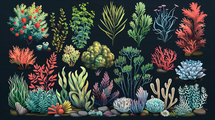 Collection of aquatic plants and undersea fauna