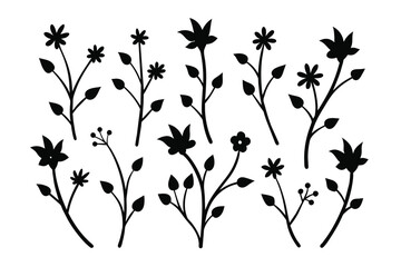 Set of hand drawn branches and flowers black vector on white background