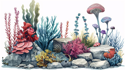 Collection of aquatic plants and undersea fauna