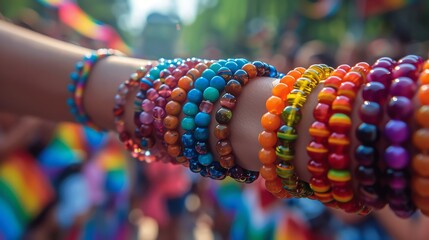 A person handing out rainbow bracelets at a Pride event - Powered by Adobe