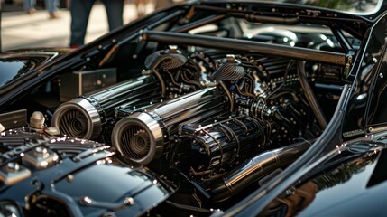 Customized and enhanced car engines with aftermarket upgrades and unique paint jobs