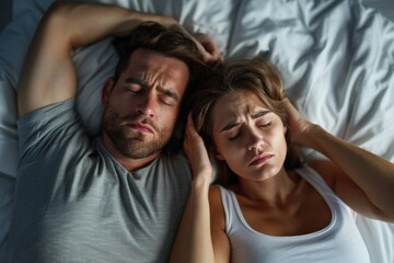 A disquieting portrait of a young couple experiencing a sleepless night, their expressions hinting at unrest and discomfort