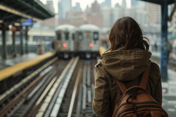 A woman with a backpack observes an incoming train at a station, evoking a sense of travel, anticipation, and urban commuting