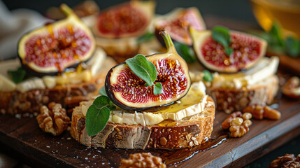 A slice of bread with figs cheese honey and walnut - Powered by Adobe
