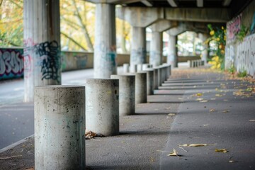 A pedestrian pathway with a series of concrete bollards set against graffiti-covered pillars under...