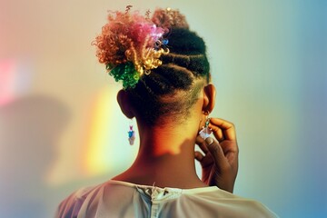 Pride month dynamic light back view of LGBTQ Woman with Rainbow Bun Hairstyle in Soft Natural Light