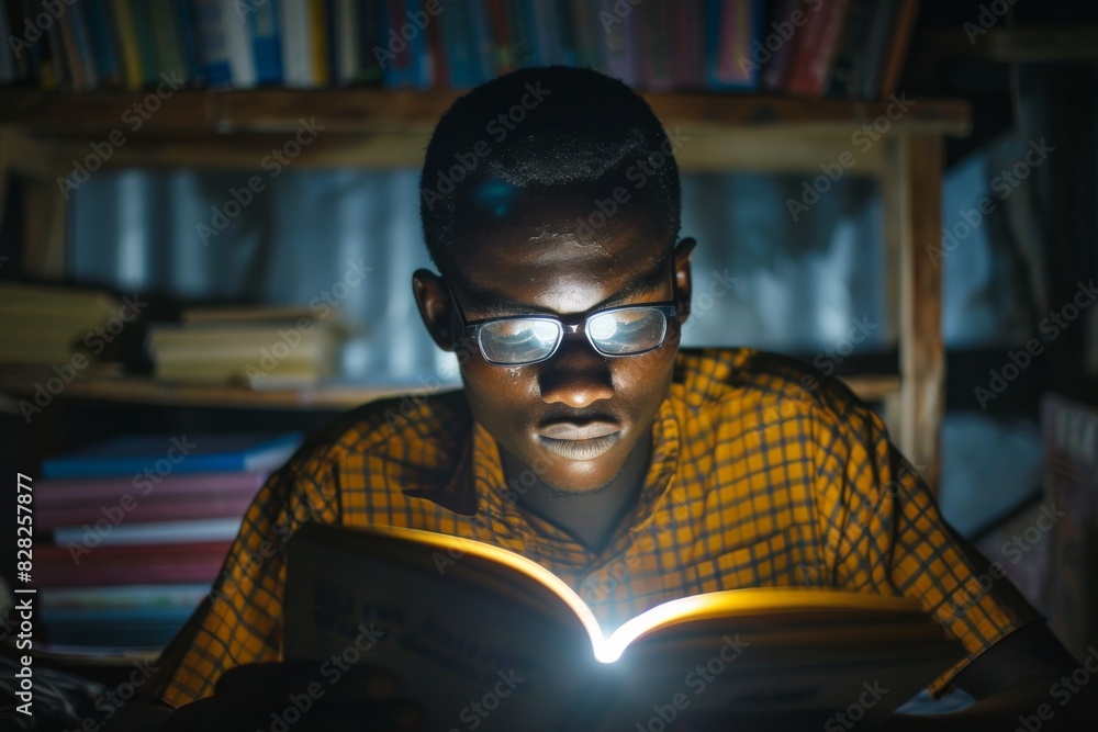 Poster a young person is engaged in reading a book that emits a mysterious glow, highlighting the reader's 