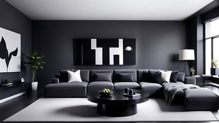 Living room in gray and black, Minimalist design with blank empty dark interior, graphite modern sofa, herringbone beige accent, 3D render