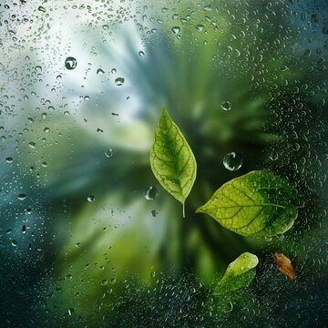close up ofwater drops on glass in a foged background with leafs