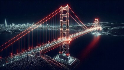 San Francisco Golden Gate Bridge rendered in wireframe, exuding a futuristic and technological vibe.