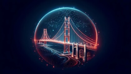 San Francisco Golden Gate Bridge rendered in wireframe, exuding a futuristic and technological vibe.