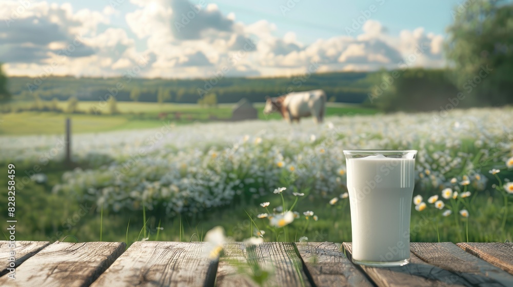 Wall mural a serene rural scene with a cow next to a fresh glass of milk on a wooden table overlooking a landsc