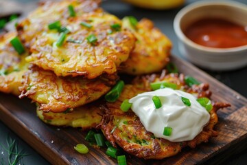 Potato pancakes with sour cream on plate