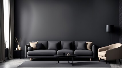 Living room in gray and black, Minimalist design with blank empty dark interior, graphite modern sofa, herringbone beige accent, 3D render