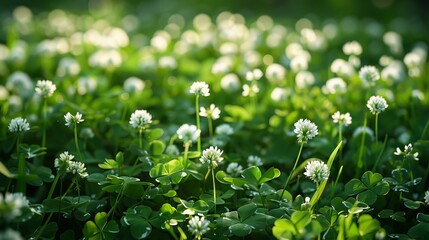 White booming clover in green grass.