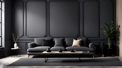 Living room in gray and black, Minimalist design with blank empty dark interior, graphite modern sofa, herringbone beige accent, 3D render