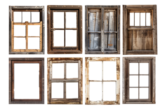 A collection of industrial-style vintage wooden window frames on a clean white background