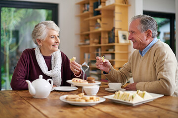 Senior couple, tea and lunch in home for relax, food and drink for married man and woman. Living...