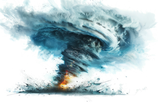 tornado's structure, including the funnel cloud, debris cloud, and surrounding winds.
