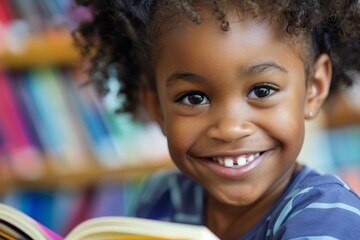 A cheerful and engaging young girl reading a book among library shelves