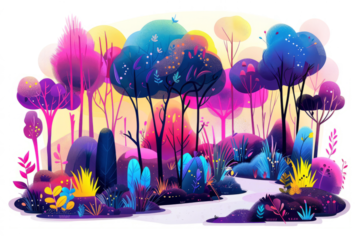 A forest landscape with glowing, neon-lit trees and plants, set against a white background.