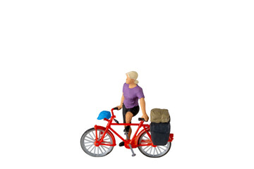 Naklejka premium Miniature people ,Cyclist isolated on white background with clipping path