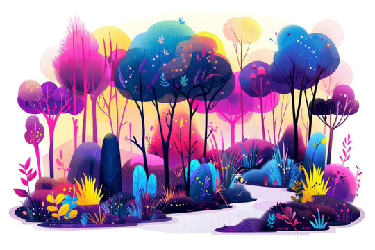 A forest landscape with glowing, neon-lit trees and plants, set against a white background.