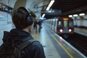 A young commuter with headphones on at a subway station as train enters