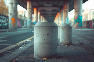 A view of concrete bollards on a city street with autumn leaves and graffiti in background