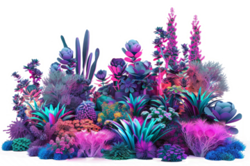 A futuristic garden filled with glowing, neon-lit plants and flowers, set against a white background.