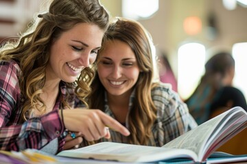 Obraz premium Female college students share a smile while looking at a book together in a bright academic setting