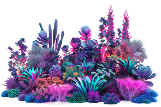 A futuristic garden filled with glowing, neon-lit plants and flowers, set against a white background.