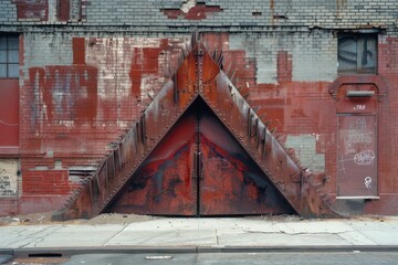 An unusual metal door with a sharp triangular shape set into a red brick wall has a striking industrial aesthetic