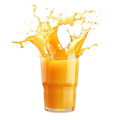 Delicious glass with orange juice splash isolated, empty transparent background.