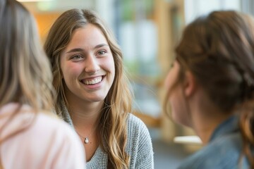 Teenage girl with a radiant smile engages in a conversation with friends in a friendly atmosphere