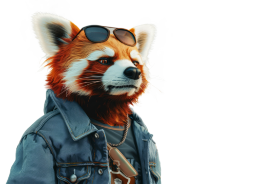 A playful red panda donning a trendy denim jacket and sunglasses, captured in a dynamic stance.