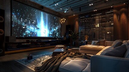 A home theater system with hologram notes projecting from the speakers in a cozy living room