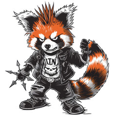 A playful red panda in a spiked mohawk and ripped t-shirt, embodying a punk rock spirit