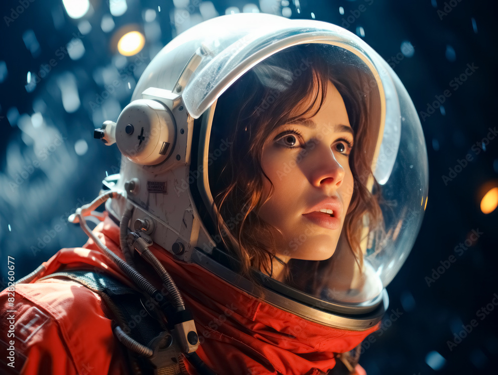 Poster Woman in a spacesuit helmet, portrait against a bokeh light background, concept of space exploration. Generative AI