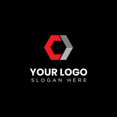 This is a simple flat logo of letter c and arrow in hexagonal shape in red and grey color on a black background