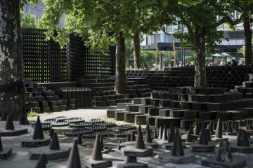 Intriguing black urban sculpture doubling as seating in a shaded park