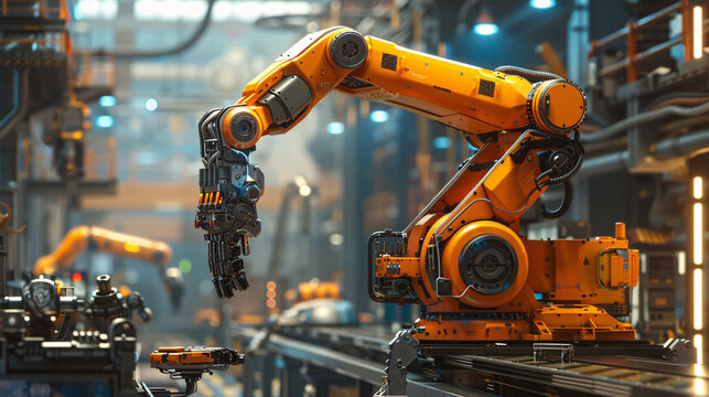 Cyber engineering in an industrial setting, with AI-powered robots performing tasks